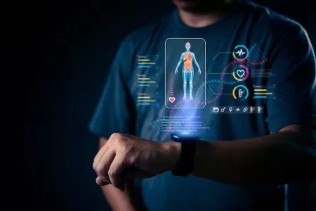 person wearing a smartwatch that tracks health data, with digital holographic visuals displaying vital health statistics like heart rate, temperature, and other health metrics.